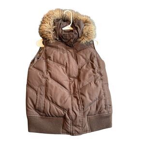 GAP Maternity Brown Puffy Vest With Faux Fur Hood XS